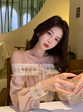 木子李的李2025一字肩长袖蕾丝灯笼袖上衣高腰半身裙藕粉色套装夏