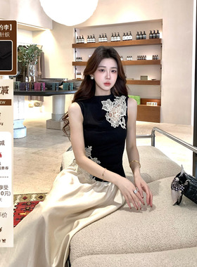 木子李的李新中式无袖内搭针织背心蕾丝拼接亲肤上衣高腰半身裙春