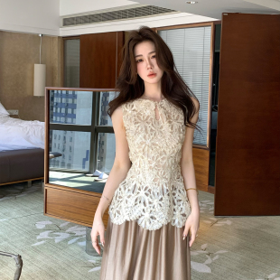 立体刺绣镂空蕾丝背心收腰气质外穿上衣夏 优雅无袖 木子李 李法式