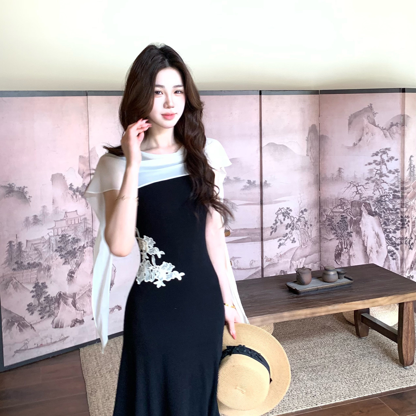 木子李的李新中式刺绣修身针织连衣裙垂感高腰长裙拼接雪纺披肩夏