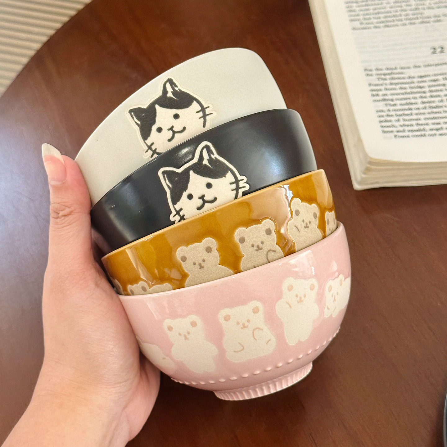 日式可爱小猫陶瓷米饭碗家用早餐碗高颜值少女心甜品碗釉下彩餐具图片