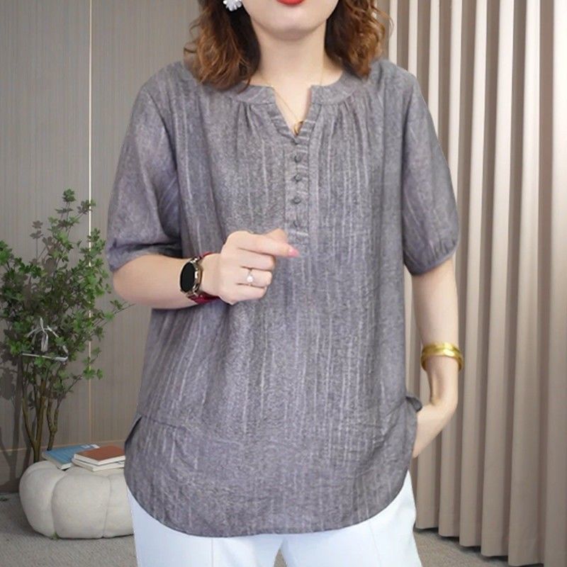 2026夏季中年大码时尚棉麻上衣女小衫宽松百搭休闲V领女士t恤帽子