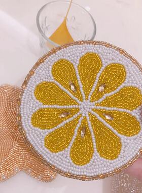 afternoon tea 日单黄色橙子金色银色海星串珠杯垫 手工 精致