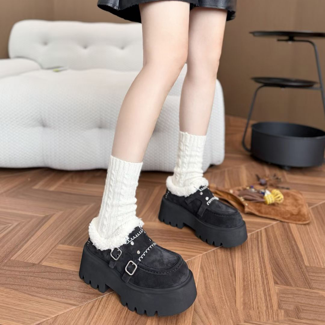 【鹿可可】磨砂牛皮松糕厚底乐福鞋女增高加绒保暖东北毛毛大棉鞋