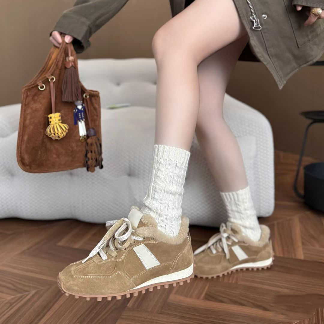 【鹿可可】复古磨砂牛皮羊毛加绒德训鞋女百搭运动休闲毛毛阿甘鞋