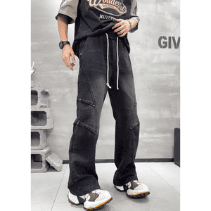 2026爆款秋季高街百搭水洗宽松阔腿美式痞帅微喇时尚牛仔裤子男生