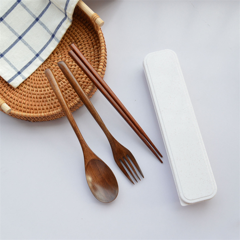 日式木质筷子勺子套装单人装学生儿童便携餐具勺叉筷收纳盒三件套