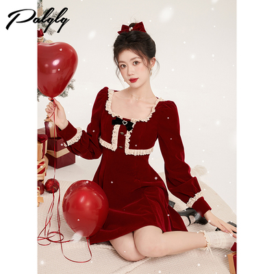 红色圣诞氛围丝绒方领高腰连衣裙女装冬季新款高级感蝴蝶结a字裙