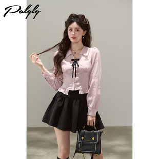 法式条纹粉色长袖v领衬衫女2025年秋季新款设计感木耳边短款上衣