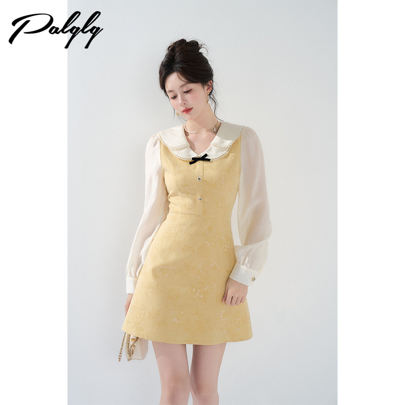 假两件娃娃领黄色连衣裙女