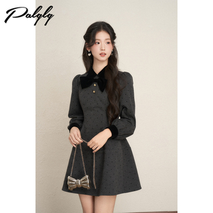 法式 小香风甜美加厚大摆a字裙 miu系灰色波点连衣裙女2025秋冬新款