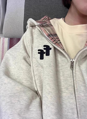 薄款连帽撞色格纹灰色卫衣女春秋oversize宽松慵懒风开衫外套上衣