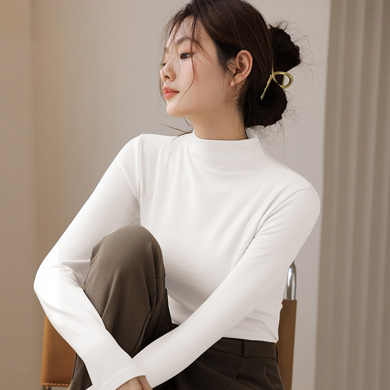 新款半高领长袖德绒上衣女秋冬