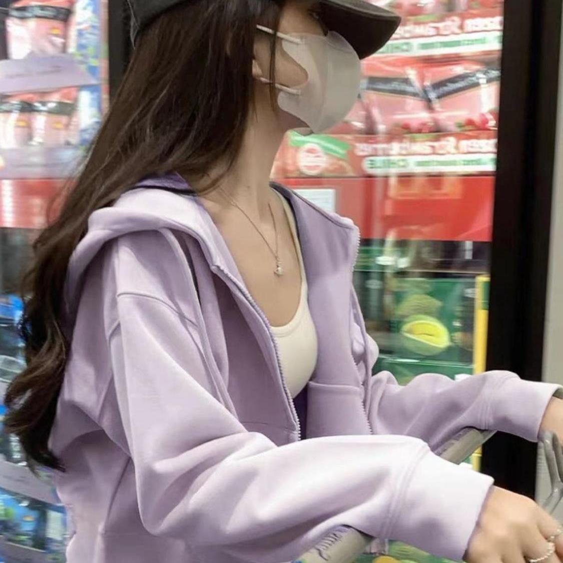 韩系紫色短款卫衣外套女春秋薄款小个子连帽早秋开衫韩版穿搭上衣