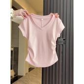 正肩t恤女夏2025新款 修身 短款 超显白粉色短袖 上衣收腰v领半袖 纯棉