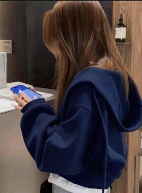 100%纯棉藏蓝色短款卫衣外套女2025秋冬新款连帽拉链加绒开衫上衣
