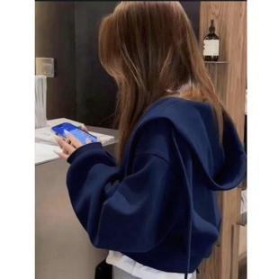 上衣 连帽拉链加绒开衫 100%纯棉藏蓝色短款 卫衣外套女2025秋冬新款