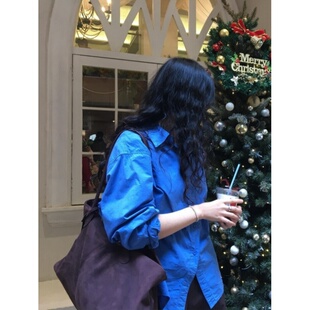 法式高级感克莱因蓝色衬衫外套女春季宽松长袖休闲慵懒风衬衣上衣