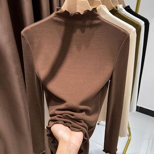 内搭T恤百搭 修身 木耳边双面德绒加绒加厚打底衫 女半高领上衣长袖