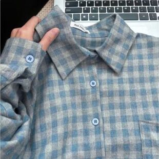 2026春季新款随性慵懒复古磨毛蓝格纹衬衫女款韩版宽松上衣外套
