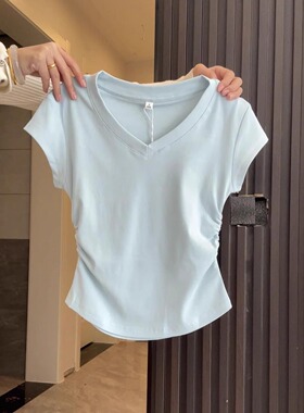 baby蓝色短袖正肩t恤女夏2025新款修身短款上衣收腰小众半袖纯棉