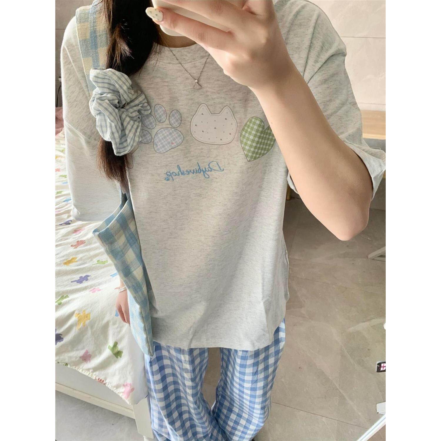 夏季纯棉短袖t恤女大童2026新爆款初中高中学生美式宽松半袖上衣