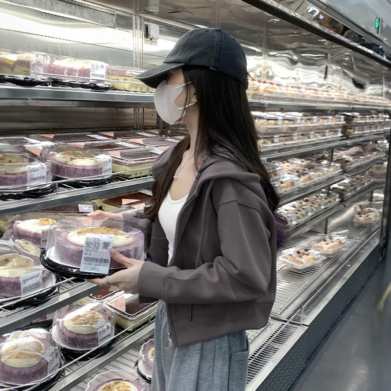 纯棉短款连帽拉链卫衣外套女