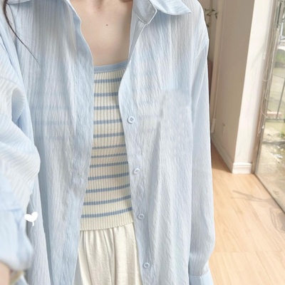 蓝色轻薄款防晒长袖亚麻衬衫女