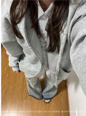 美式复古灰色oversize连帽卫衣女春秋宽松叠穿小个子拉链开衫外套