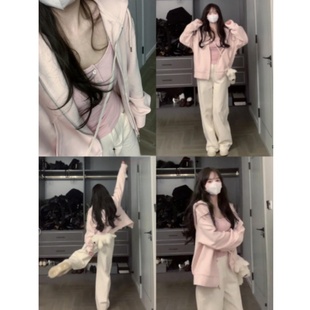 早秋薄款2025超火减龄浅粉色卫衣外套连帽长袖拉链开衫加绒加厚冬