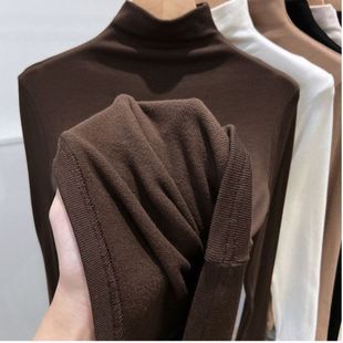 显瘦 女秋冬修身 咖啡色双面德绒磨毛加厚半高领长袖 保暖百搭打底衫