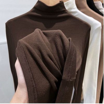 咖啡色双面德绒磨毛加厚打底衫