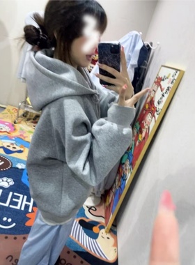 灰色连帽开衫卫衣女2025新款秋冬季加绒宽松百搭薄款外套休闲上衣