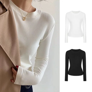 t恤女装 简约正肩白色打底衫 长袖 内搭德绒西装 纯色 女韩版