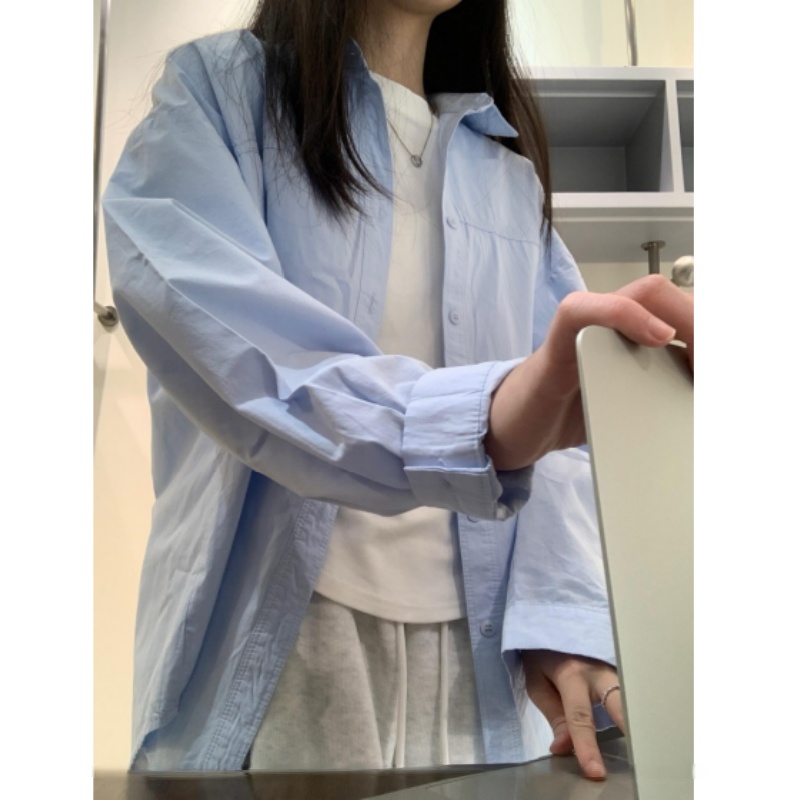 100%纯棉奶蓝色衬衫2025新款叠穿内搭薄款慵懒风正肩长袖防晒上衣