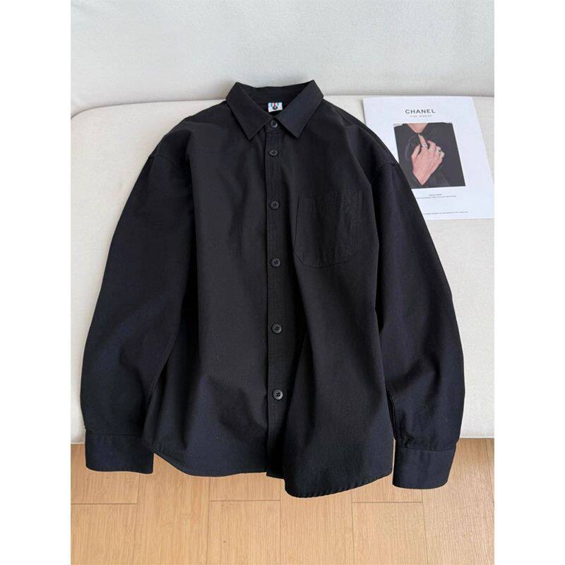 正肩纯棉黑色衬衫春秋高级感纯棉内搭打底长袖衬衣男女情侣装外套