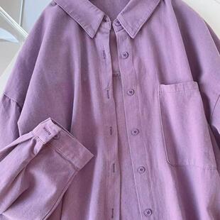 韩系紫色纯棉衬衫女叠穿内搭春秋新款衬衣小个子内搭长袖上衣外穿