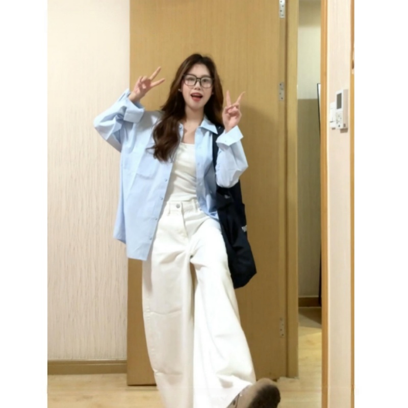 100%纯棉蓝色长袖衬衫薄外套女2025新款叠穿小个子纯色衬衣上衣