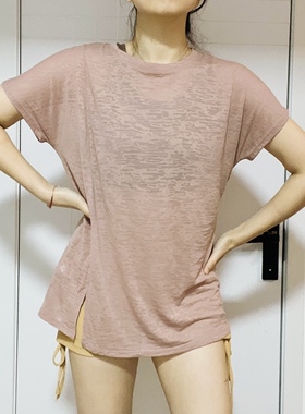 超薄大码宽松短袖长款罩衫薄夏健身瑜伽服速干半透明高开衩运动服