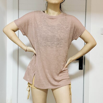 超薄大码宽松短袖长款罩衫薄夏健身瑜伽服速干半透明高开衩运动服