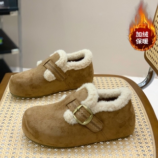显脚小复古勃肯鞋 女加绒保暖魔术贴棉鞋 超火内增高毛毛鞋 2025冬季