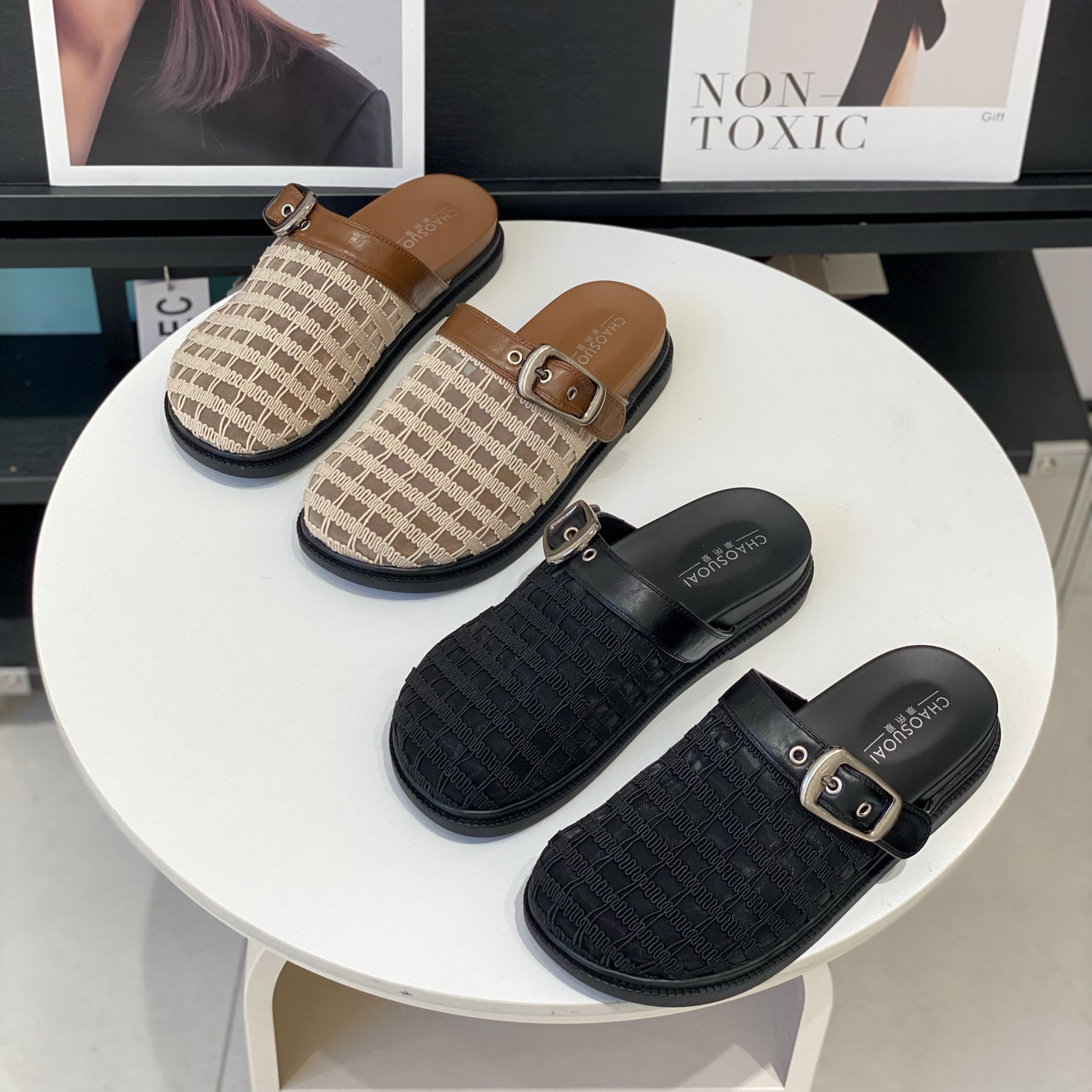 镂空网纱包头半拖鞋女2025夏季新款小众复古罗马鞋厚底透气凉拖鞋,女鞋,包头拖,淘宝优惠券,粉丝福利购,淘宝优惠卷