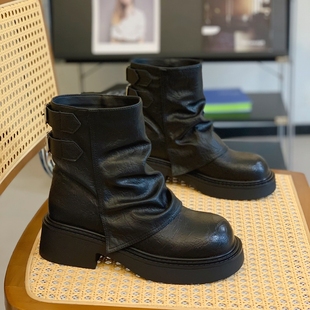 增高厚底马丁靴女2025秋冬新款 管靴 复古做旧脏脏靴套筒短靴炸街裤