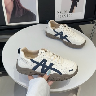 百搭舒适复古休闲拼色老爹鞋 新款 女2025秋季 真皮厚底显脚小德训鞋