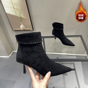 复古绒面尖头细跟短靴女2025冬季 配大衣加绒显气质高跟瘦瘦靴 新款