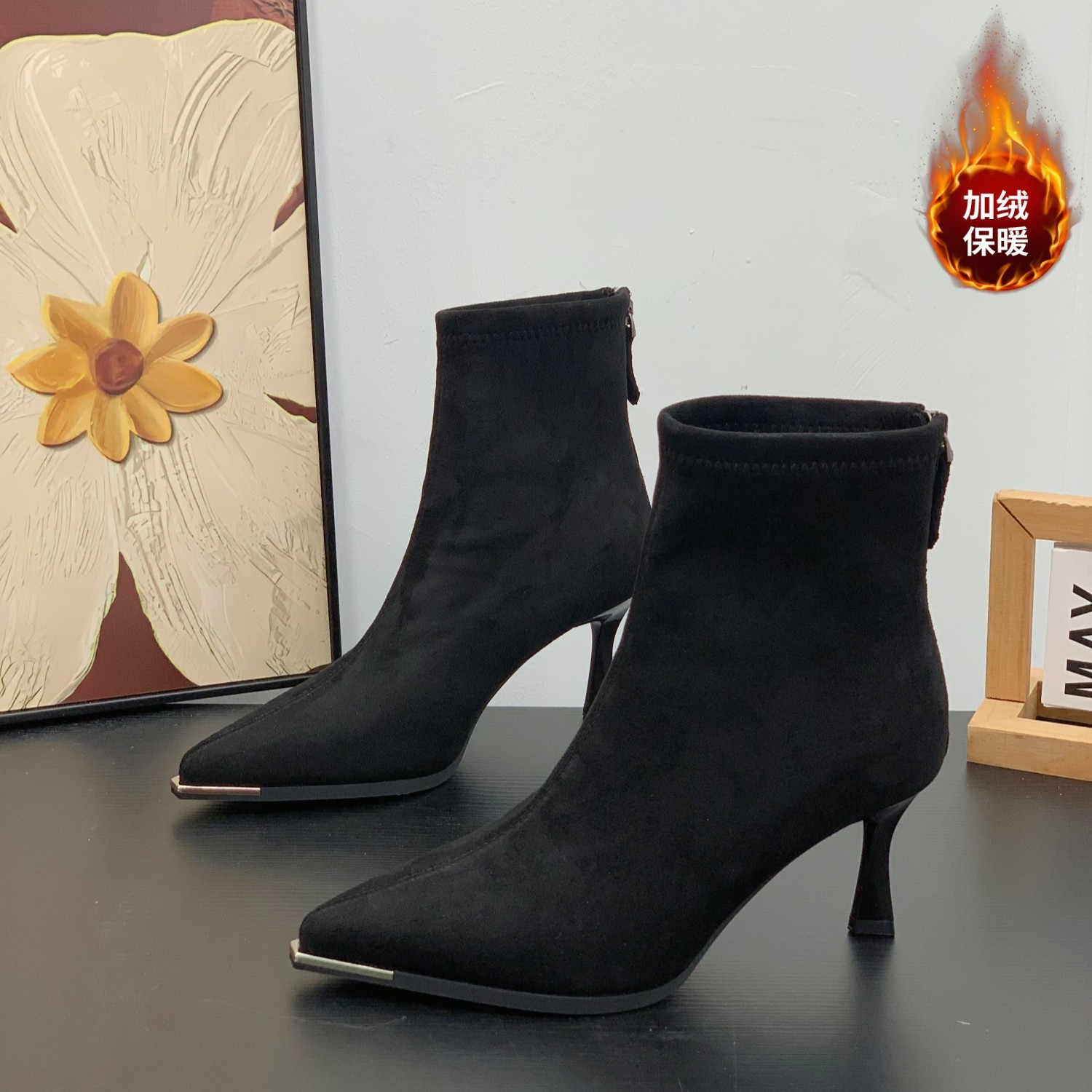 超火尖头6CM高跟短靴小个子女2025冬季新款加绒瘦瘦靴细跟时装靴