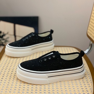 百搭圆头厚底显脚小休闲小白鞋 一脚蹬时尚 新款 女2025秋季 贴钻板鞋