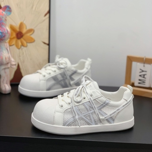 小众丑萌大头鞋女2026新款夏季镂空透网平底板鞋贝壳头真皮小白鞋