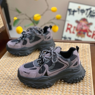 网面透气复古厚底轻便运动休闲鞋 显脚小真皮老爹鞋 女2025春秋新款