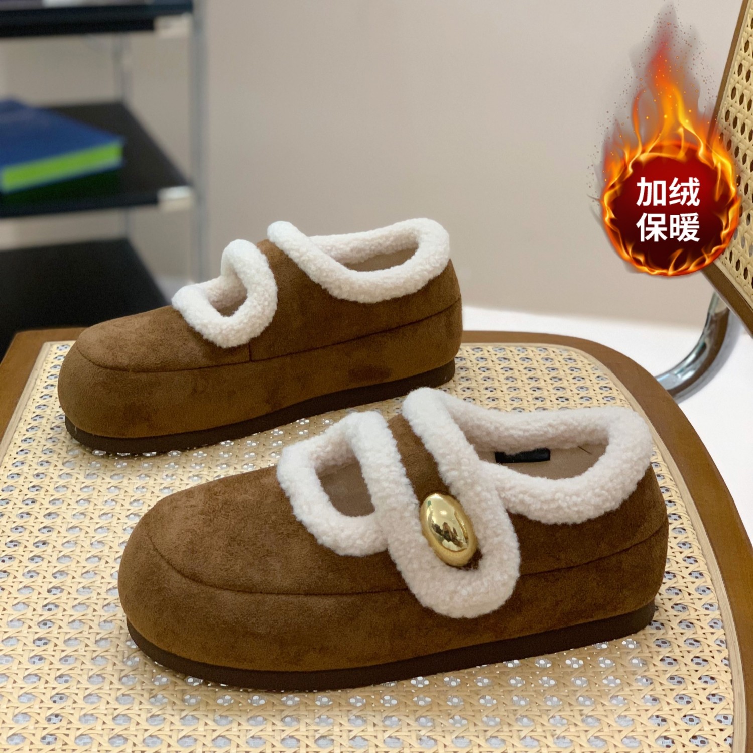 2025冬季加绒保暖爆款魔术贴玛丽珍女鞋复古绒面平底舒适浅口棉鞋